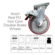 4'' (100mm) Heavy Duty Red PU Iron Core Castor Wheels Trolley Roda troli Rigid Swivel Brake Ball Bea