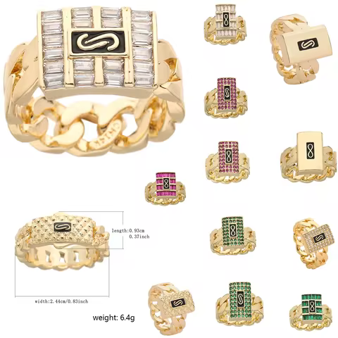 14K Gold Plated Monaco Ring Square Rectangular Unisex Size 7/8/9 Hip Hop Style Zirconia Ring