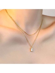 Collar doble con dije y cadena de varios niveles bañado en oro de 14K con cuadrados delicados de circonia cúbica, conjunto simple de collar dorado en capas para mujeres y niñas