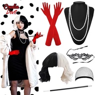（Ready Stock）1970s Accessories Cruella Carnival Costume Halloween Costume 70s Accessories Cosplay Wig Accessories with Lace Mask Gloves Pearl Jewelry Fancy Dress Wig for Halloween Mardi Gras