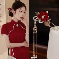 Lovely Red Flower Hair Brooch with Tassel, Ao Dai Bridal Hair Accessory