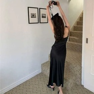 Đầm Lụa Satin Thanh Lịch Có Dây Buộc Cổ Tay Dài Cổ Cao Dài Đến Mắt Cá Chân Thường Ngày Màu Trơn Được