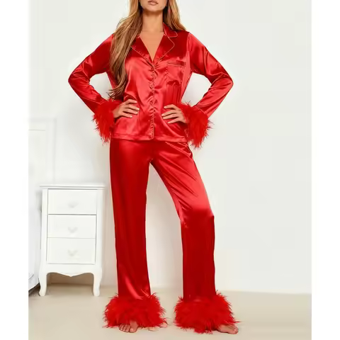 Combhasaki Women's Silk Satin Pajamas Set Feather Trim Cuff 2 Piece Loungewear Long Sleeve Button Do