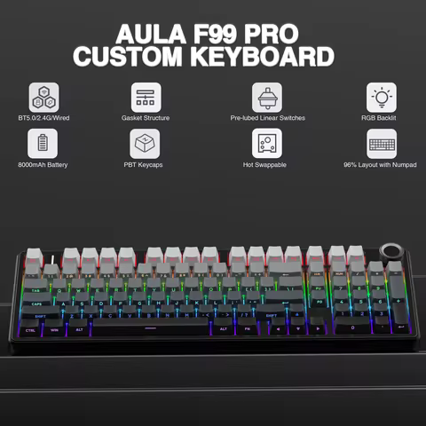 AULA F99PRO Wireless Gaming Keyboard Gasket Structure Compatible with 3/5 Pins Hot-swap Mechanical K