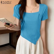ZANZEA เสื้อสตรีสไตล์เกาหลีเสื้อเสื้อกันหนาวแบบสวมหัวคอสี่เหลี่ยมแขนสั้นลำลองมาใหม่ไม่เหมือนใคร #10