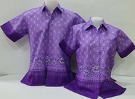 เสื้ออัดกาวลายไทย คอเชิ้ต - สีม่วงลายช้างพระเทพ ผู้ชาย/ผู้หญิง