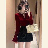SHANGSHA | Glamorous Elegant Red Velvet Dress Set