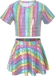 Sequin Top for Girls with Shiny Skirt Disco 0utfit Metallic Dress Performance Kids 3-13T, Rainbow, 8