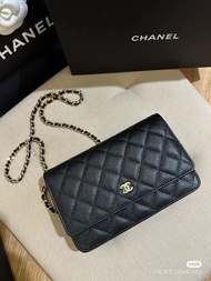 減價❤️Chanel cf Woc 黑金 荔枝紋牛皮 classic flap wallet on chain bag 鏈條銀包 經典款