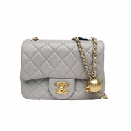 CHANEL CF口蓋包方胖子17cm灰色羊皮晶片開金扣金球調節扣肩帶