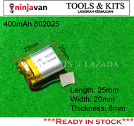 3.7V 400mAh 802025 Lipo Battery Rechargeable Battery for Tablet MP3 MP4 MP5 Bluetooth Receiver Speak