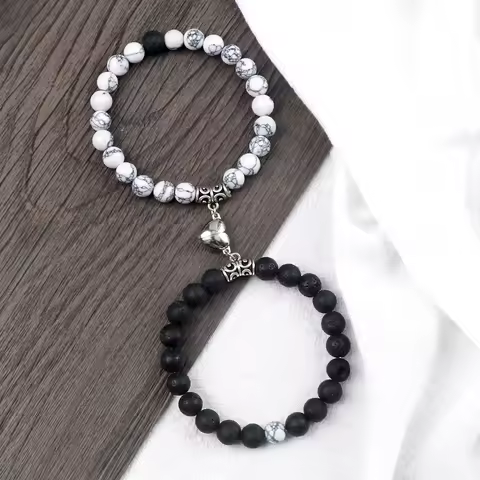 2Pcs/Set Heart shape Magnet Pendant Bracelet Couples Love Meaningful Natural Stone Bangles Jewelry 8