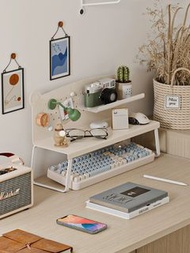 奶油風格洞洞板枱面置物架-台面平板電腦增高架宿舍辦公室書桌收納架(T6051)