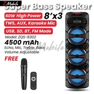 SING-E ZQS8302 Portable Tower 8 inch x3 Speaker System Outdoor Portable RGB Bluetooth Speaker with W