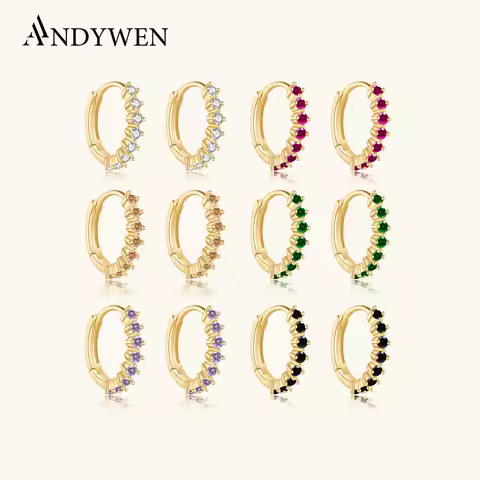 ANDYWEN 925 Sterling Silver 9.5mm Pendiente Crystal CZ Hoops Rainbow Luxury Women Huggies Circle Rou
