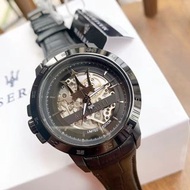 代購Maserati瑪莎拉蒂手錶 限量版黑色皮帶手錶 鏤空自動機械錶 商務手錶 休閒手錶 男士手錶 大錶盤45mm 防水手錶 機械錶 R8821119006
