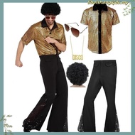 5 PCS Men's 70s Disco Outfit Costume Retro 80s Bell Bottom Pants short Sleeve Shirts