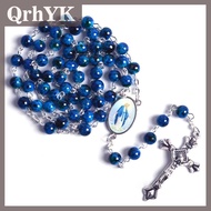 QrhYK Catholic Rosary Small Size Round Blue Beads Virgin Mary Necklace