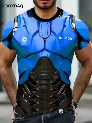 Men's Mecha Armor T-Shirts New Summer Oversized Short Sleeve 3D Print Street Fashion Male Tee 6XL Bi