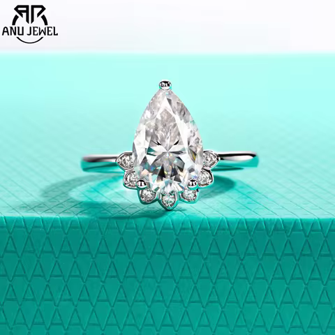 AnuJewel 4ct Pear Cut D Color Moissanite Engagement Rings 18K Gold Plated Classic Crown Wedding Ring