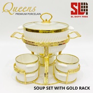 Queens Porcelain 16pc Soup Set with Gold Rack Set with Candle Holder Soup Server Buffet Raya