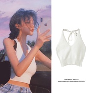 PX เสื้อไหมพรมคล้องคอ Y2K สายฝอ เสื้อครอปเปิดไหล่ เสื้อสายเดี่ยวผูกคอ โชว์หลัวสุดเซ็กซี่ เสื้อผู้หญิ