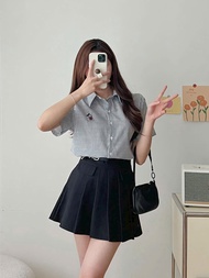 Áo sơ mi kẻ cộc tay CICIDREAM thêu mickey trước ngực xinh xắn  áo sơ mi kẻ ngắn tay thêu hình mickey