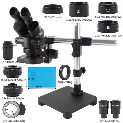 Eakins 7X-45X Simul-focal Zoom Trinocular Single Boom Arm Stand 56LED Ring Light Phone PCB Repair So