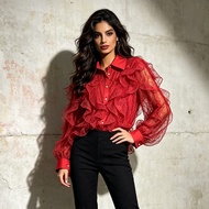 IBUY Stylish Lace Ruffle Lapel Slim Fit Shirt 2026