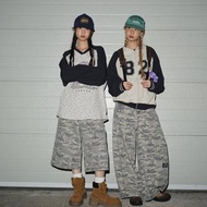 odd maker小熊繡花復古水洗迷彩廓形彎刀氣氛七分褲長褲女闊腿直