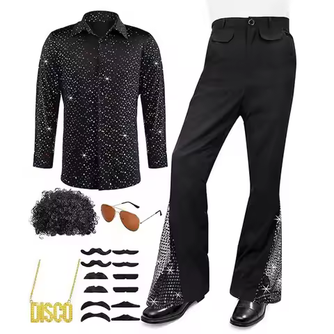 60s 70s Hippie Halloween Costume Sequins Pants Shirt Tops Bell Bottom Men's Flared Trouser Adult Dis