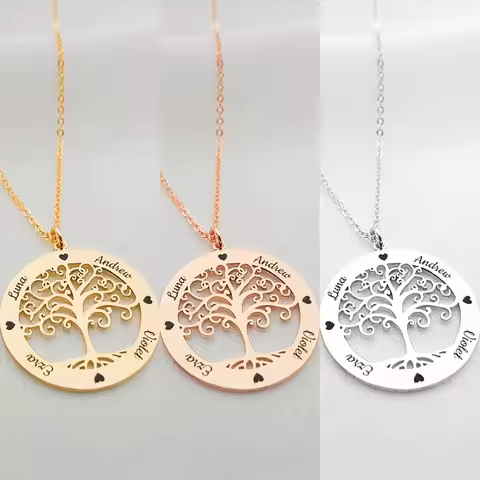 Custom Family Names Necklace Stainless Steel Personalized Name Pendant Tree Of Life 1-5 Names Births