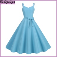 Vintage Women Dress A-line Big Swing Solid Color Backless Spaghetti Strap 50s Bow Decor Prom Cocktai