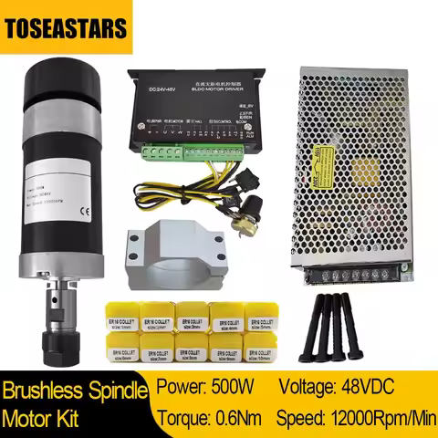 500W CNC Brushless Spindle 0.6Nm 48V 12000RPM With Hall Sensor ER16 Collet 55mm Clamp Bracket Power 