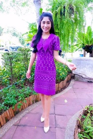 ชุดเดรสสีม่วงน่ารัก ชุดเดรสม่วงลายขอ ชุดทำงานชุดคุณครู