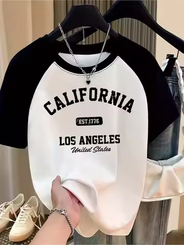 Women's California Graphic T-Shirt with Heart Design EST 1776 LOS ANGELES United States Print Casual