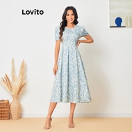 Lovito Casual Floral Pleated -Puff Sleeves Dress for Women LBL08170
