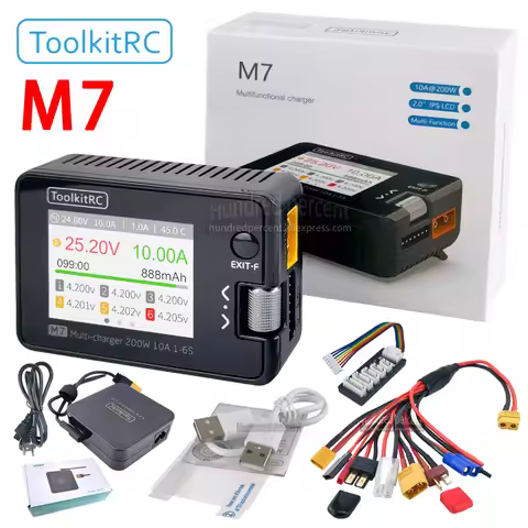 ToolkitRC M7 200W 10A DC Balance Charger Discharger for 1-6S Lipo Battery with With Voltage Checker