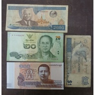 SINGAPORE 1 DOLLAR, CAMBODIA 100 RIELS, THAILAND 20 BAHT &  LAOS 2000 KIP BANKNOTES