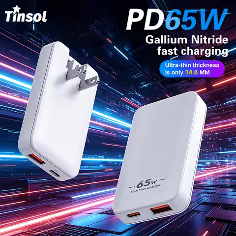 TINSOL PD 65W Ultra-thin Gallium Nitride Charger US/EU/KR/UK USB-C Dual-Port Fast Charging Head with