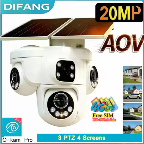 20MP 4 Screen 360° Solar Security Camera 3 PTZ Lens 4G Sim Solar Cam Wireless CCTV O-kam Pro Home Se
