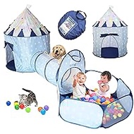 LimitlessFunN 4pc Kids Play Tent, Crawl Tunnel, Ball Pit and Star Lights [ Pop Up Portable Glow in The Dark Stars ] Children Castle Playhouse for Girls &amp; Boys, Indoor and Outdoor (Blue)