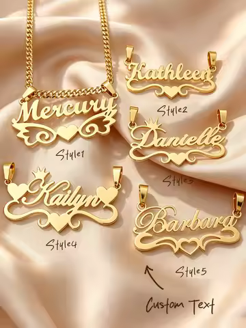 Personalized custom name jewelry necklace, featuring 5 different styles, crafted from 18k gold stain