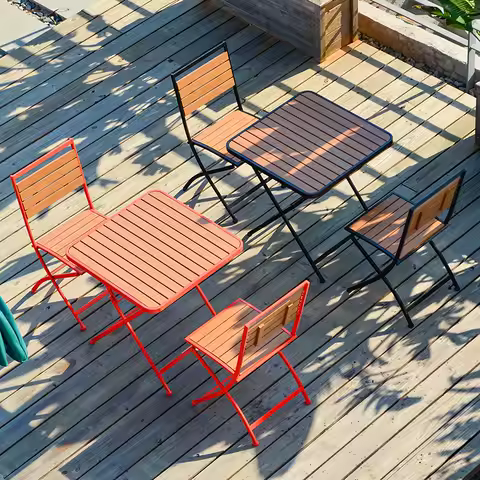 Outdoor Folding Chair and Faux Wood Iron Table Set, Modern Patio Furniture for Balcony, Café, Milk T