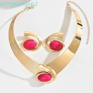 JERON Necklace Earrings Set, Black/Blue/Rose Pink Oval Stone Pendant Geometric Jewelry Set, Fashion 