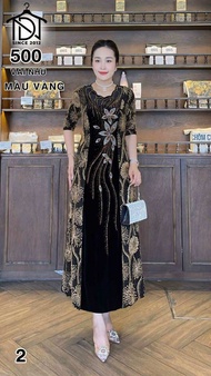 Đầm Đi Tiệc [Salu Store] Mã DN500 Dáng Dài Cổ Lượn Sóng Chất Vải Thun Nhũ Phối Nhung Đính Đá DMC Cao