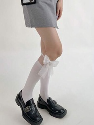 1雙白色日系女學生膝上襪,黑色蝴蝶結和透明網眼面板,春季/夏季/秋季/冬季