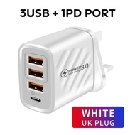 1C+3U 3.0 Quick Charge Phone Charger USB PD Type C || UK Plug 3 Pin Adapter || Universal Travel Powe