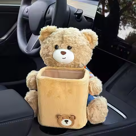 Car Trash Bin 2-in-1 Cute Plush Bear Multifunctional Waterproof Auto Organizer Truck Trash Can for H