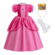 Kids Halloween Carnival Princess Peach Sweet Girls Costume Pink Clothes Cosplay Children Fancy Dress